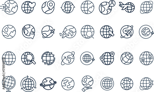 Global and Travel Vector Icons. Set of blue line art symbols for worldwide concepts, earth, international business, and navigation. Includes airplane, location pins, and world map