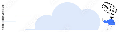 Woman gestures toward digital currency above a large cloud. Ideal for fintech, cloud computing, digital transactions, innovation, technology, online services, modern economy. Simple flat metaphor