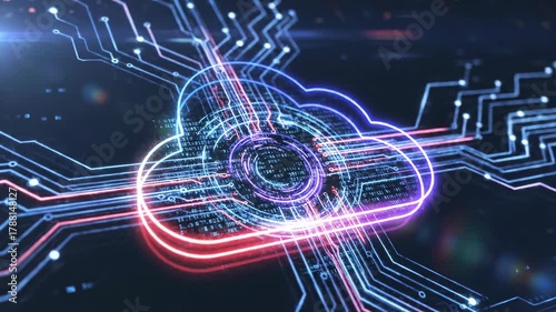 Abstract digital cloud network on a dark background, representing secure data storage and global connectivity for technology and internet services