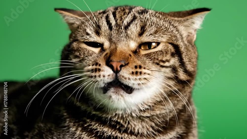 A close-up portrait of a grumpy tabby cat with its ears back, squinting its eyes against a vibrant green background, capturing a moment of feline displeasure