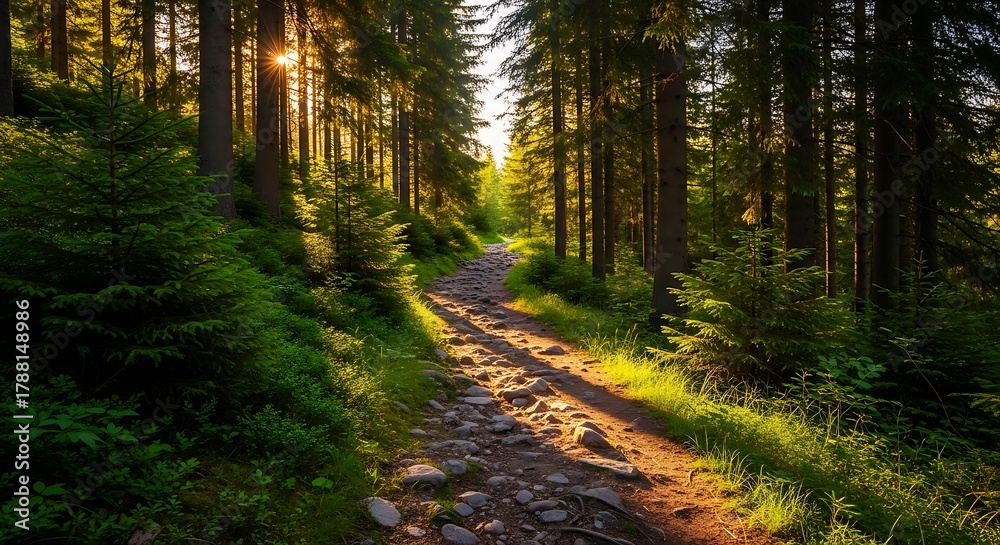 Fototapeta premium Golden sunlight illuminates a winding dirt path deep within a serene evergreen forest, offering a peaceful journey into nature's embrace
