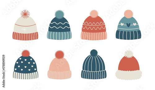 Colorful cartoon winter hats in vector style, featuring cozy knitted designs, perfect for seasonal artwork, kids’ projects, and Christmas-themed illustrations.