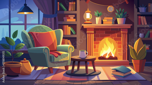 Inviting cozy reading nook featuring a soft armchair draped with a wool blanket, an open book resting on the seat, and a steaming cup of coffee on a small wooden table near a glowing fireplace