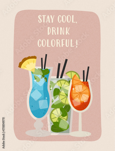 Bright summer poster featuring colorful tropical cocktails with citrus fruits, ice, and umbrellas. Flat modern design ideal for bar menu, party banner, or summer event decor