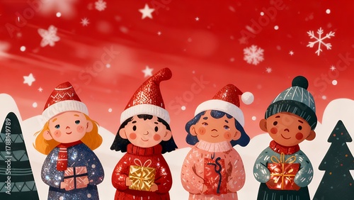 Joyful Holiday Kids: Festive Winter Celebration with Gifts and Snowflakes