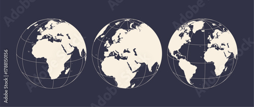 Globe, map, Europe Asia Africa. Earth globe with continents, Europe, Asia, Africa globe set. Map of Europe Asia Africa, EU globe sign, symbol, circle. Vector Illustration