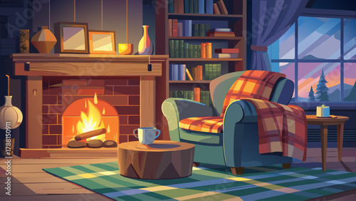 Comfortable armchair with a plaid blanket beside a crackling fireplace, a steaming mug on the side table, gentle firelight reflecting on the walls, creating a warm, intimate, and tranquil winter home 
