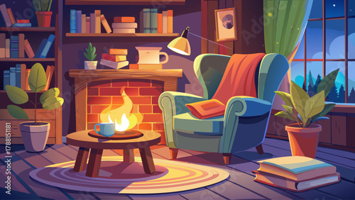 Inviting cozy reading nook featuring a soft armchair draped with a wool blanket, an open book resting on the seat, and a steaming cup of coffee on a small wooden table near a glowing fireplace