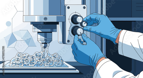 Illustration showing scientist performing 3D bio-printing in laboratory conditions using