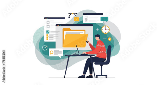 Illustrative depiction of a man managing files and tasks with digital tools at desk workspace