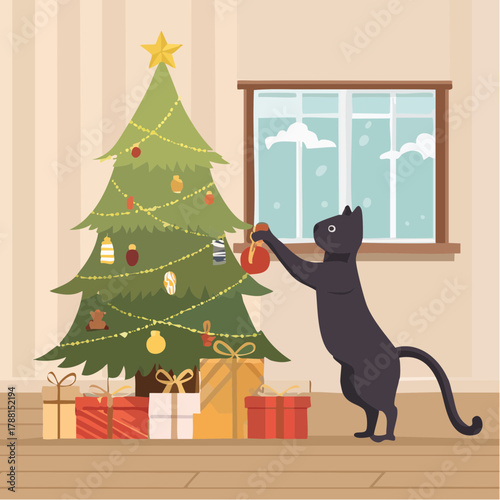 Festive black cat adorning a decorated Christmas tree with ornaments and gifts, creating a cozy holiday scene