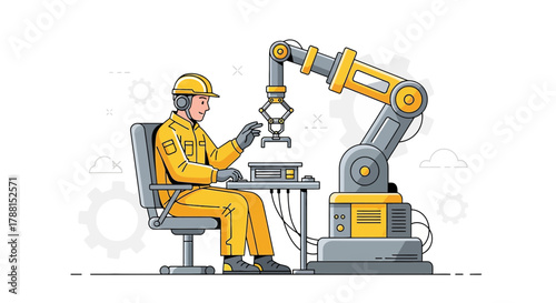 Industrial automation concept showcasing a worker operating a robotic arm system at a factory