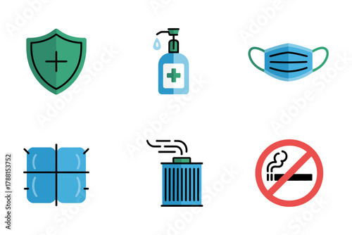 Flat vector icons for healthcare safety, showing protection shield, face mask, hand sanitizer, medical ventilator, and no smoking symbol.