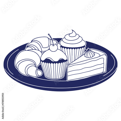 Delicious Pastries Assortment on a Plate Featuring Croissants Cupcakes and Cake Slice Vector Illustration Line Art Style