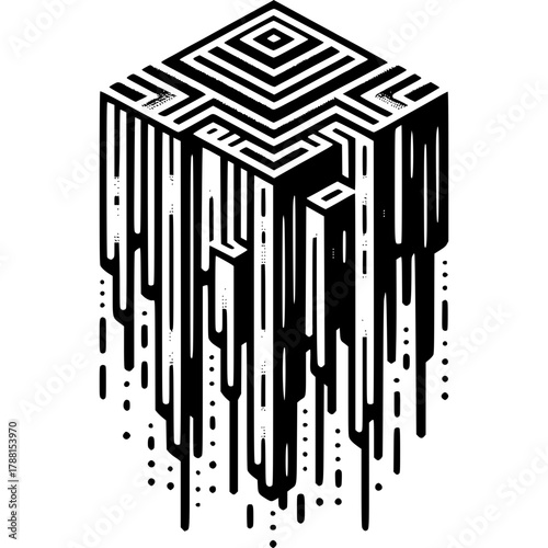 Abstract Geometric Cube: A striking abstract design, featuring a geometric cube with a complex, patterned top and stylized dripping effect. This image is a blend of precision and artistic flair.