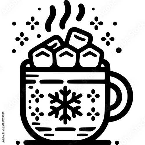 Warm Cocoa Delight: A charming illustration depicts a steaming mug of cocoa adorned with marshmallows and snowflake embellishments, exuding warmth and winter charm.