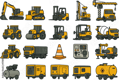 Heavy Construction Equipment Icon Set — Industrial Vehicles and Machinery Illustration