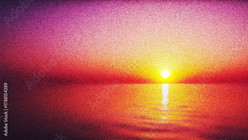 Golden summer sunset over calm sea with nostalgic grainy texture created from thousands of individual dots. Serene sunset moment with glowing sun and gentle ripples on water for ambient digital design