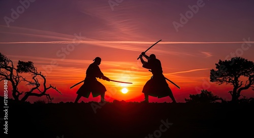 Two Warriors Engage in a Sword Fight at Sunset