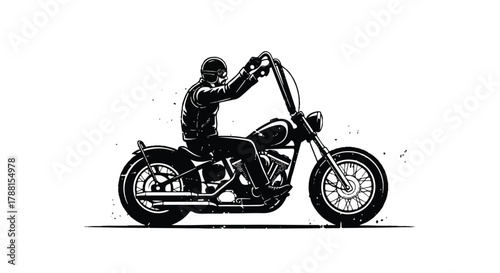 Flat 2D vector illustration of a vintage biker silhouette riding a classic chopper motorcycle, featuring a rough monochrome grunge texture set against a clean white background.