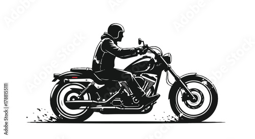 Flat 2D vector illustration showing a biker riding a powerful motorcycle silhouette with a heavy grunge texture isolated on a clean white background.