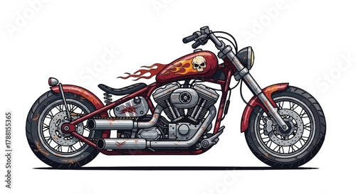 Rugged custom motorcycle depicted in a flat 2D vector illustration, showcasing a distressed, gritty grunge style isolated prominently on a bright white background.
