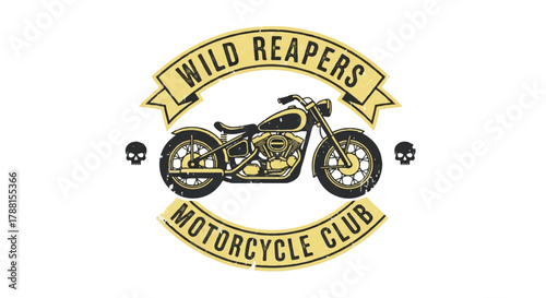 Vintage motorbike club grunge logo, presented as a detailed flat vector illustration with distressed textures and classic typography, isolated clearly on a white background.