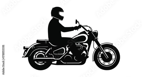 Motorcyclist silhouette wearing a protective helmet, captured in a dynamic flat 2D vector illustration with a cool retro aesthetic, isolated on a clean white background.