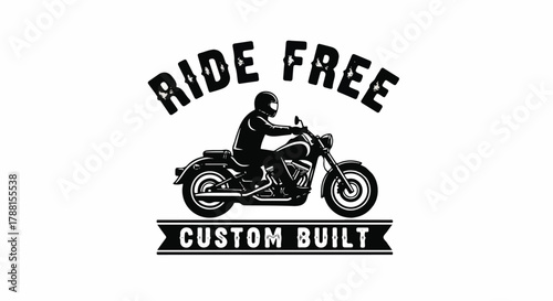 Custom biker logo silhouette vector illustration, executed in a minimalist flat 2D style, portraying motorcycle culture and freedom against a bright white background.