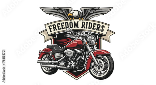 Classic motorcycle emblem vector illustration featuring stylish retro typography, wings, and a decorative shield shape, presented as a clean flat 2D graphic on an isolated white background.