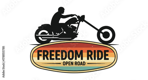 Vector illustration of a cool biker riding a chopper motorcycle silhouette, highlighted by a stylish retro label on a clean white background.