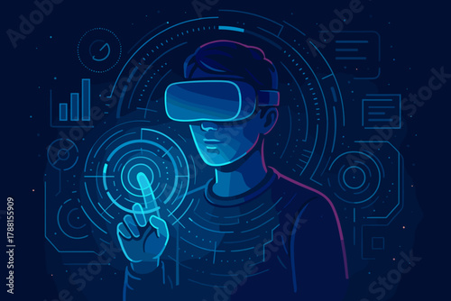 Futuristic illustration of a person wearing a virtual reality headset interacting with digital interfaces.