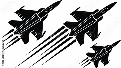 Dynamic fighter jets soar through the sky leaving fiery trails, evoking power and speed.