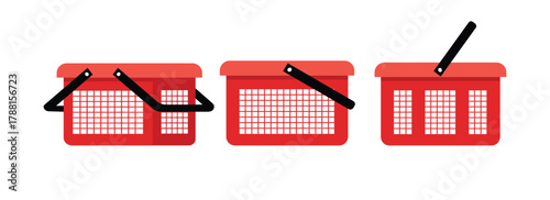 Collection of red shopping baskets in flat design. Set of empty shopping basket. Supermarket shopping basket. 