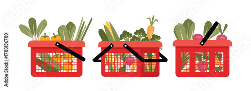 Grocery Baskets Filled with Healthy Produce. Supermarket Basket Filled with Vegetable Items. Supermarket Shopping Basket.