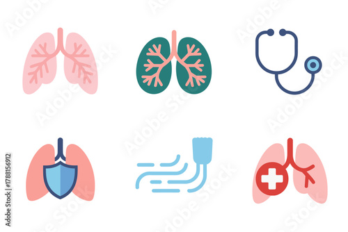 Flat vector icons for respiratory disease and protection, symbolizing human lungs, heart, stethoscope, and medical health shield.