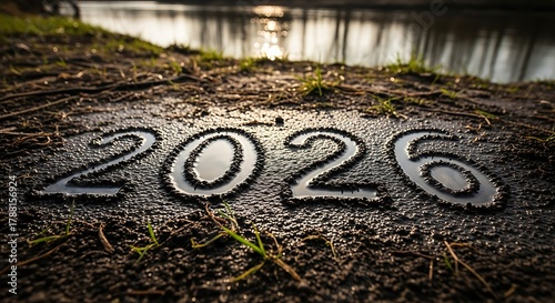 The year two thousand twenty six is carved into the muddy ground near a body of water at sunset