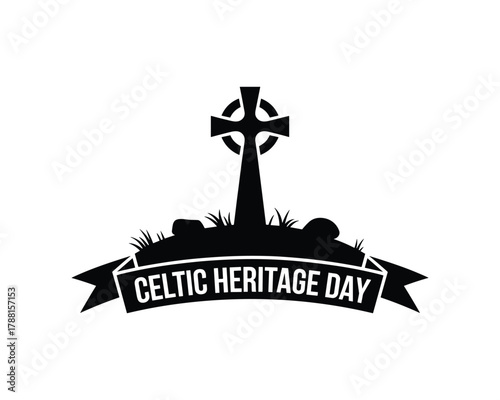 Celtic cross on grassy mound with banner vector illustration