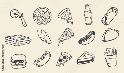hand drawn fast food icons set