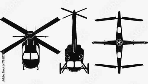 Dynamic overhead silhouettes of airplanes and helicopters reveal modern aviation technology