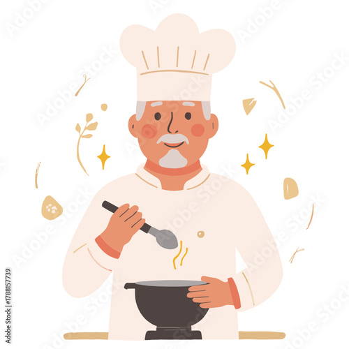 Retired chef preparing a meal. Senior cook cooking in kitchen. Elderly person stirring ingredients. Mature chef making a homemade dish. Elderly set