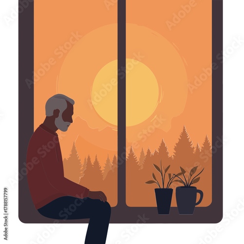 Senior man by the window. Elderly man standing near a window. Older gentleman looking through the window. Mature man pictured by window light. Elderly set