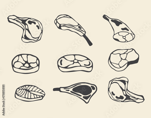 hand drawn vector set of beef steak