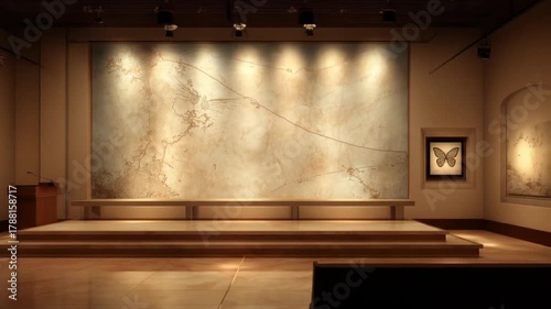 A presentation space features a large textured map, butterfly art, stage, and warm lighting