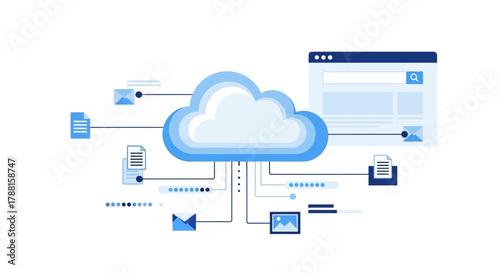 Cloud computing data transfer and storage concept with digital network elements and icons