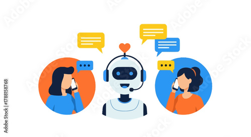 Customer service chatbot interacting with two clients on separate phones, symbolizing modern communication and assistance