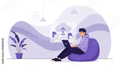 Modern digital lifestyle concept of a man working with cloud computing from his bean bag