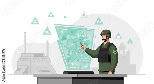 Military strategy planning with digital map interface depicting tactical operation overview