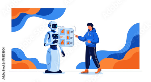 Modern man interacts with robot for online shopping and advanced technologies using AI