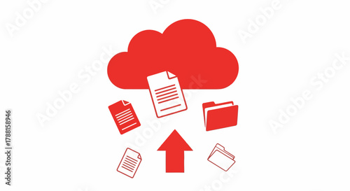 Digital cloud storage with documents and folders being uploaded, representing data management and online archiving